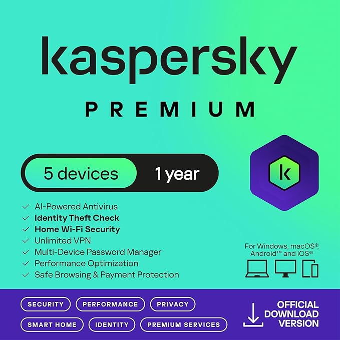 Kaspersky Premium - 5 Devices, 1 Year | Ultimate Protection with Identity & Privacy Security