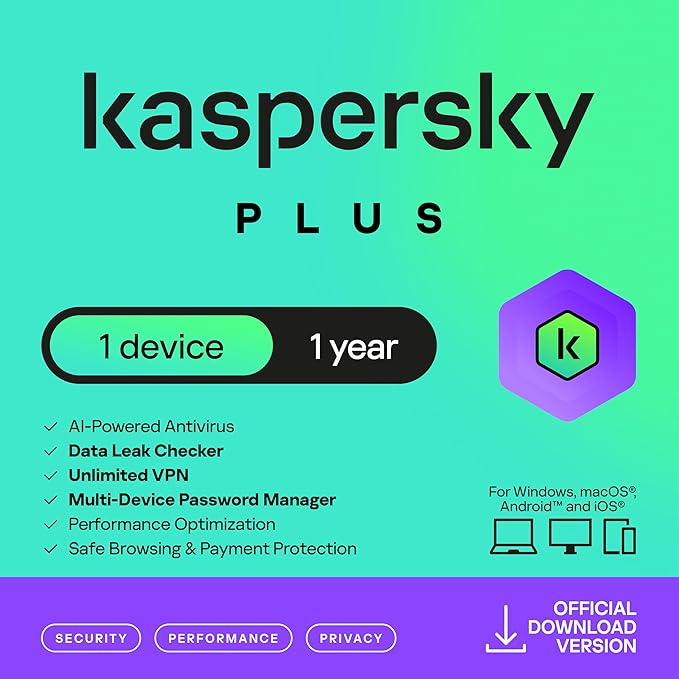 Kaspersky Plus Antivirus - 1 Device, 1 Year | Advanced Security & Privacy Protection