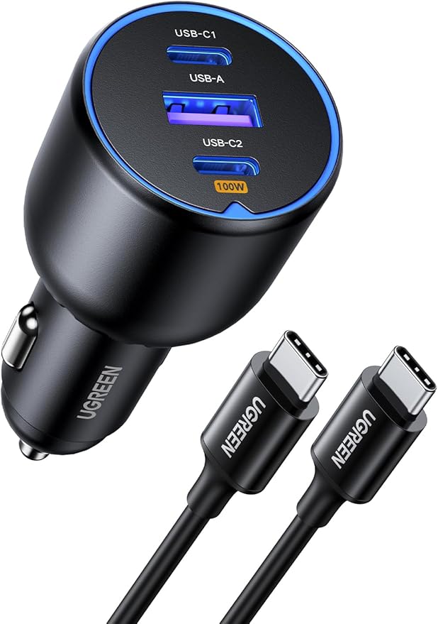 UGREEN 130W 3-Port Fast Car Charger | Dual USB-C & USB-A | Laptop & Phone PD Charging