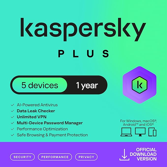 Kaspersky Plus - 5 Devices, 1 Year | Complete Antivirus & Privacy for Your Whole Family