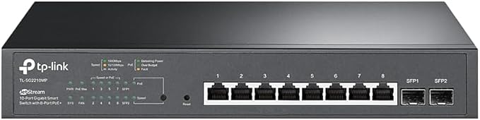 Tp-Link JetStream 10-Port Gigabit Smart Switch with 8-Port PoE+ (TL-SG2210MP) - PoE+ Ports @ 150W, 2 SFP Slots, Support Omada SDN, PoE Recovery, IPv6 Static Routing TP- Link