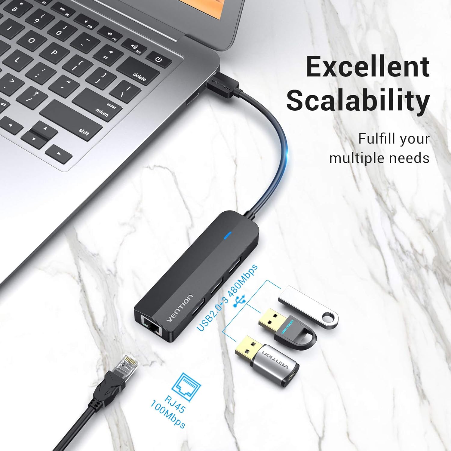 Vention 3-Port USB 2.0 Hub with LAN Price in Kenya | 100Mbps Ethernet