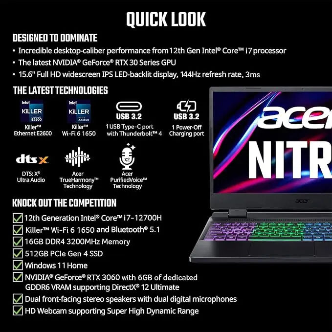 Acer Nitro 5 Gaming Laptop - Intel Core i7-12700H 12th Gen, 16GB RAM, 512GB SSD, 4GB RTX 3050 Nvidia Geforce UHD Graphics, 15.6" Screen Acer