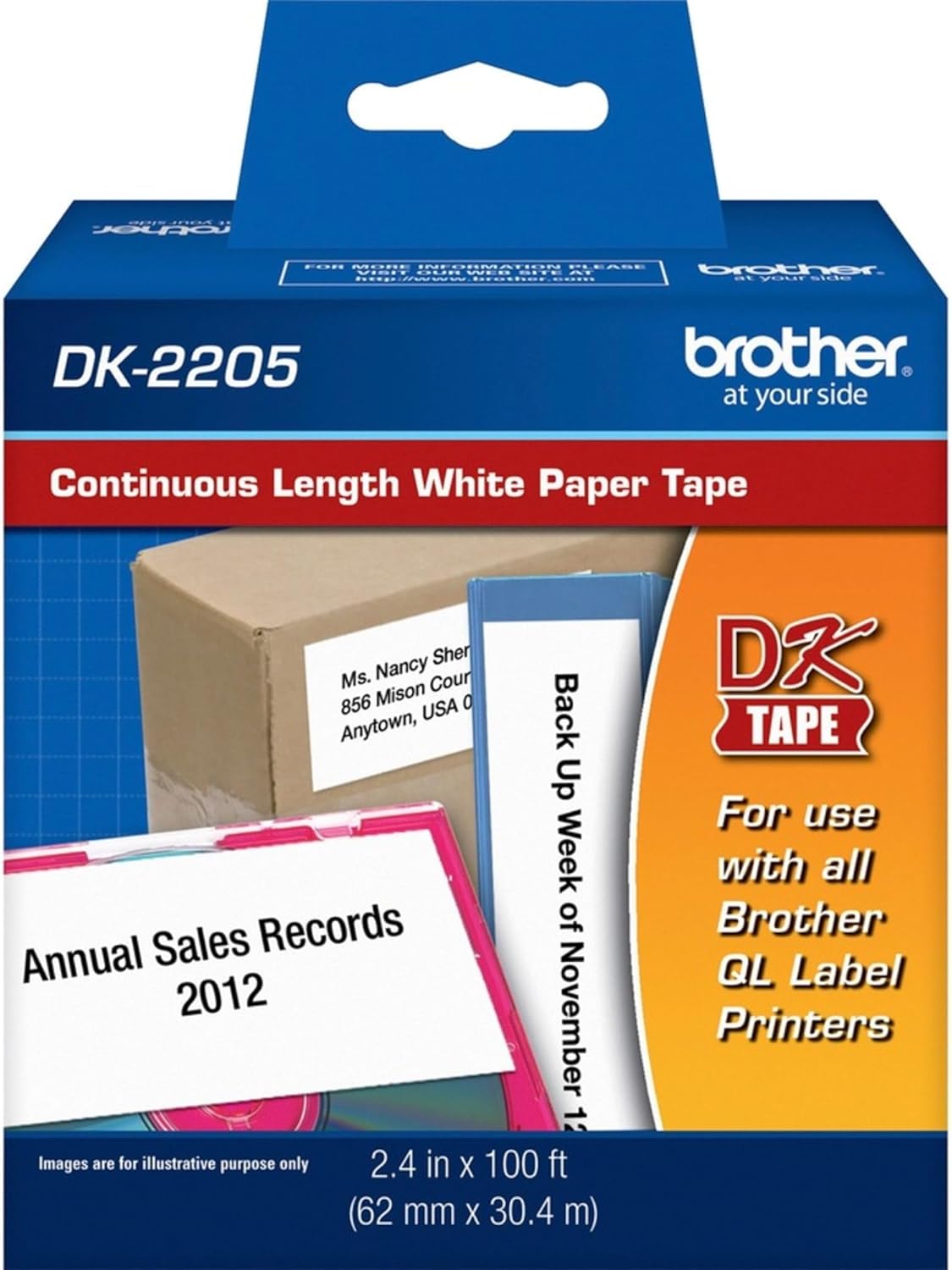 Brother DK22205 Continuous Label Roll 62mm x 30m – Black on White Thermal Paper Tape for Brother QL Label Printers