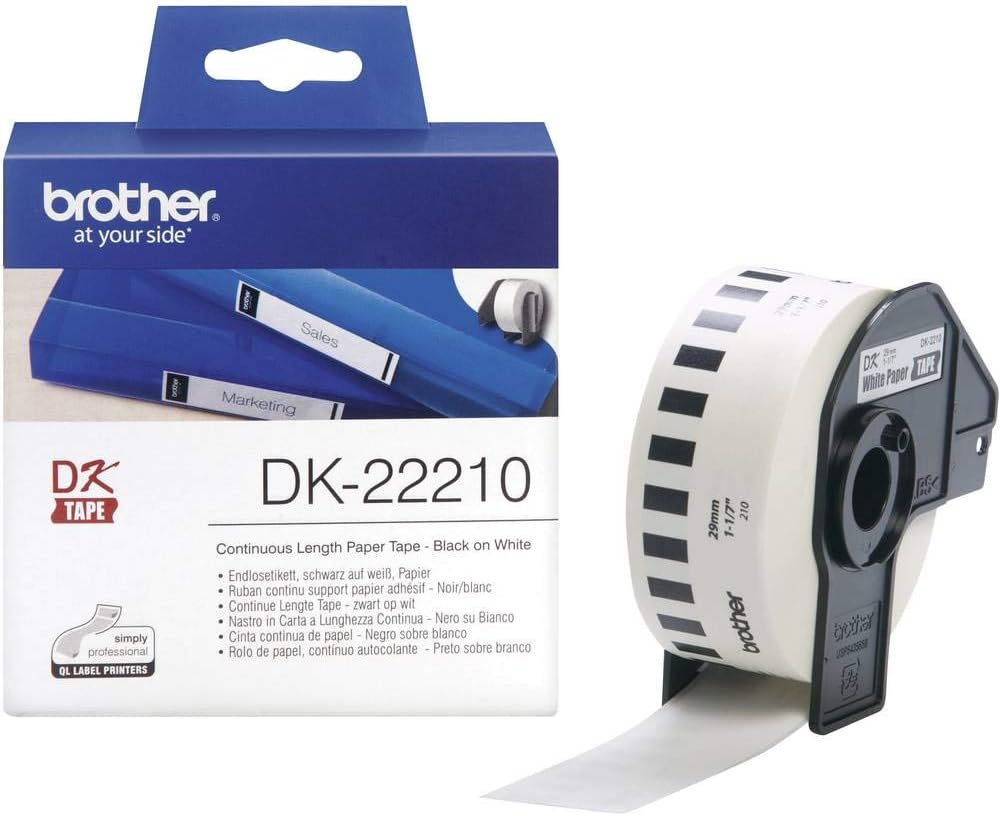Brother DK22210 Continuous Label Roll 29mm x 30m – Black on White Thermal Paper Tape for Brother QL Label Printers