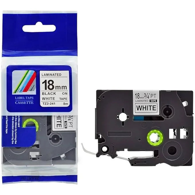 Brother TZ2-241 Label Tape 18mm x 8m – Black on White Laminated Tape for Brother P-touch Label Printers