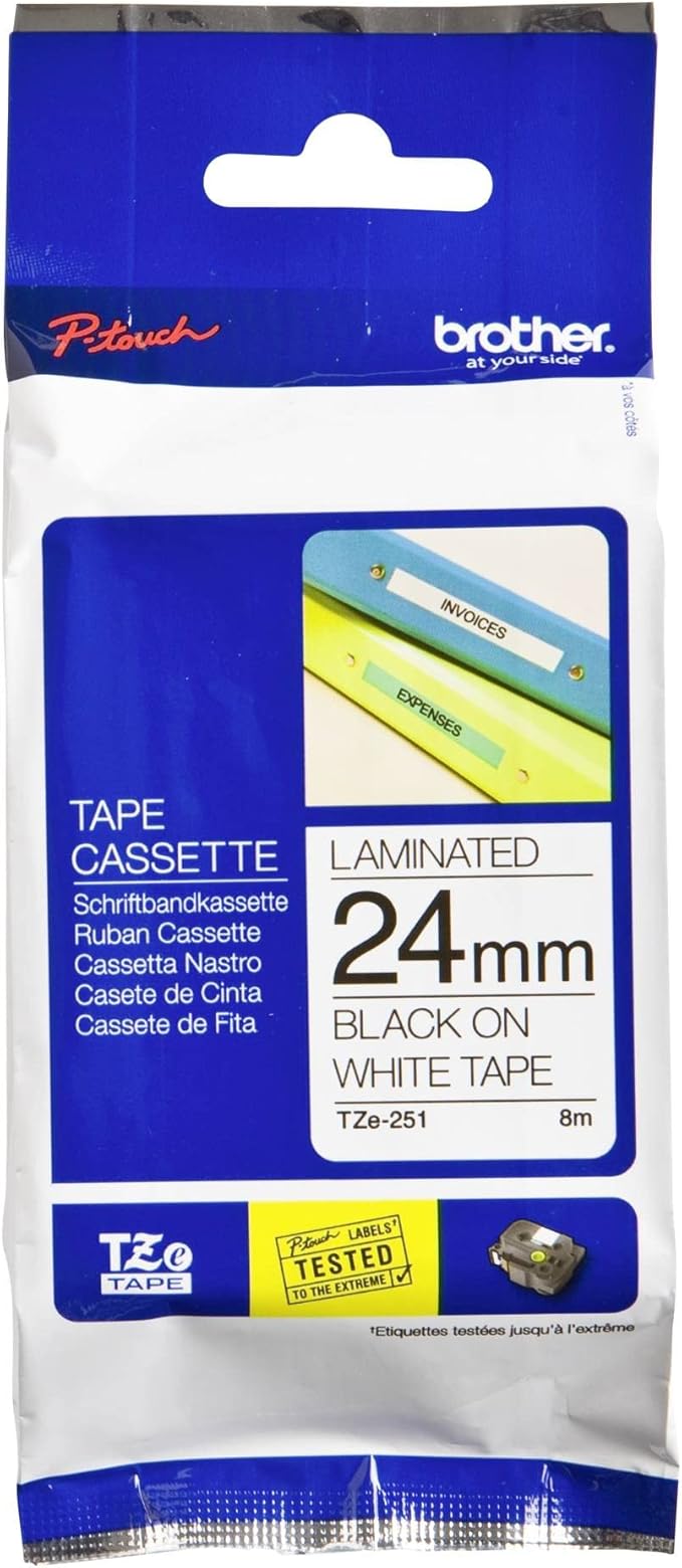 Brother TZ2-251 Label Tape 24mm x 8m – Black on White Laminated Tape for Brother P-touch Label Printers