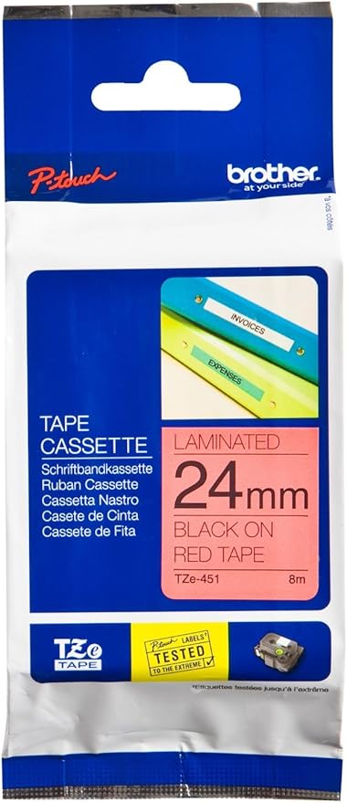 Brother TZ2-451 Label Tape 24mm x 8m – Black on Red Laminated Tape for Brother P-touch Label Printers