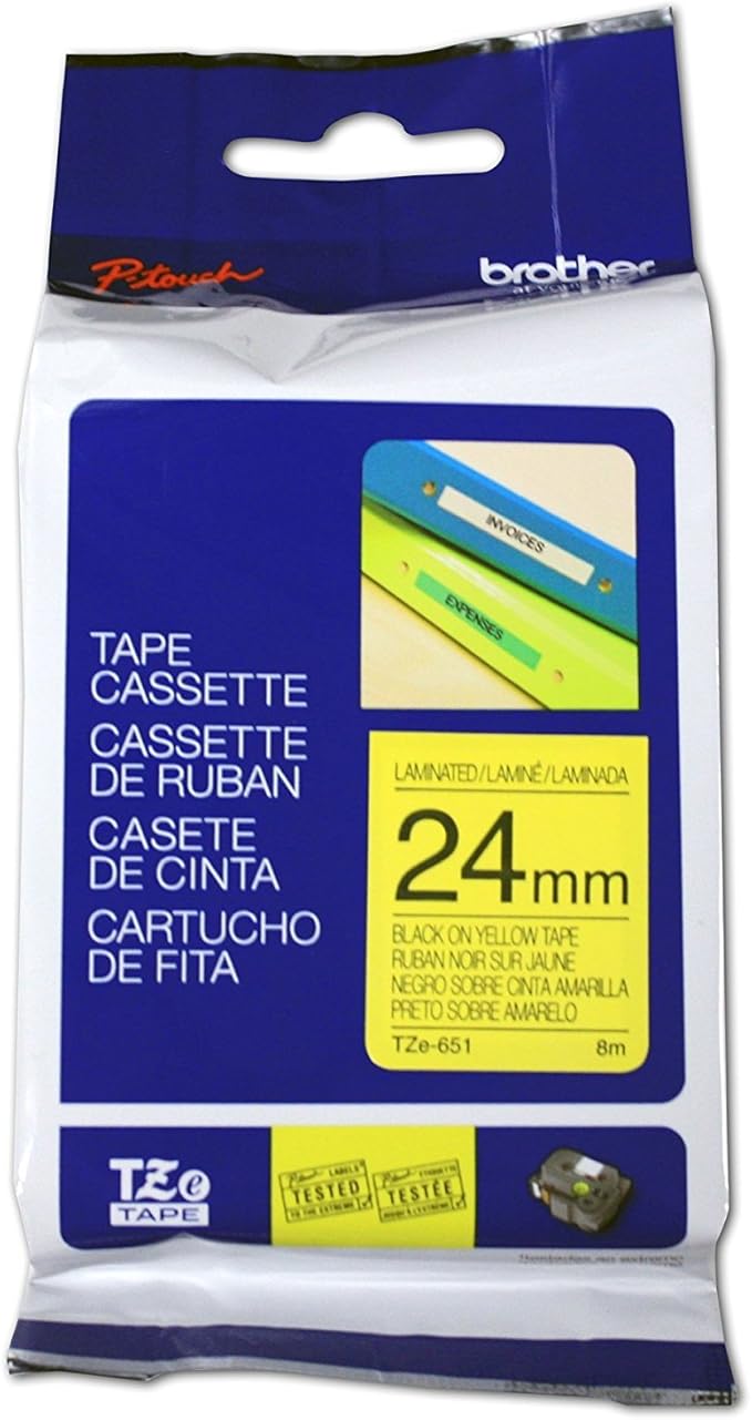 Brother TZ2-651 Label Tape 24mm x 8m – Black on Yellow Laminated Tape for Brother P-touch Label Printers