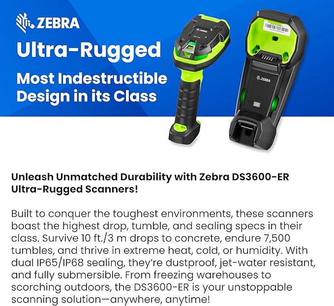 Zebra DS3678 Ultra-Rugged Cordless 1D/2D Barcode Scanner (USB Kit) | IP67
