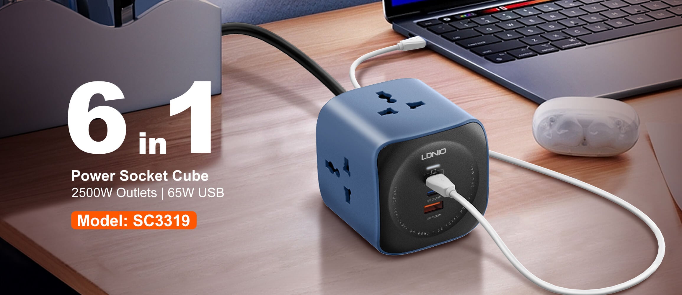 LDNIO SC3319 6-in-1 Power Socket Cube | 65W USB-C PD & USB-A Ports