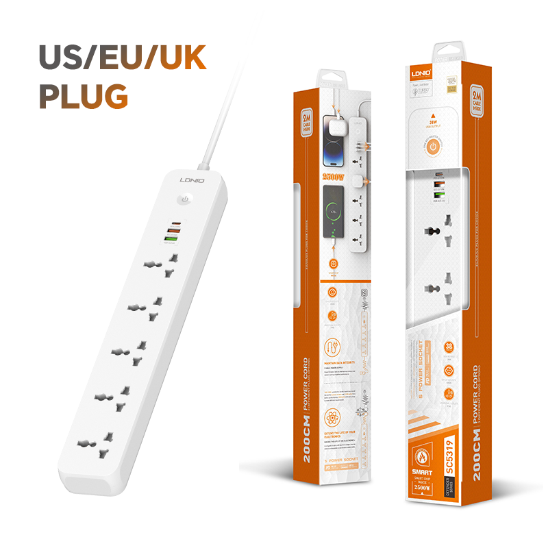 LDNIO SC5319 Power Strip | 5 Outlets + 3 USB Ports with 38W Fast Charging