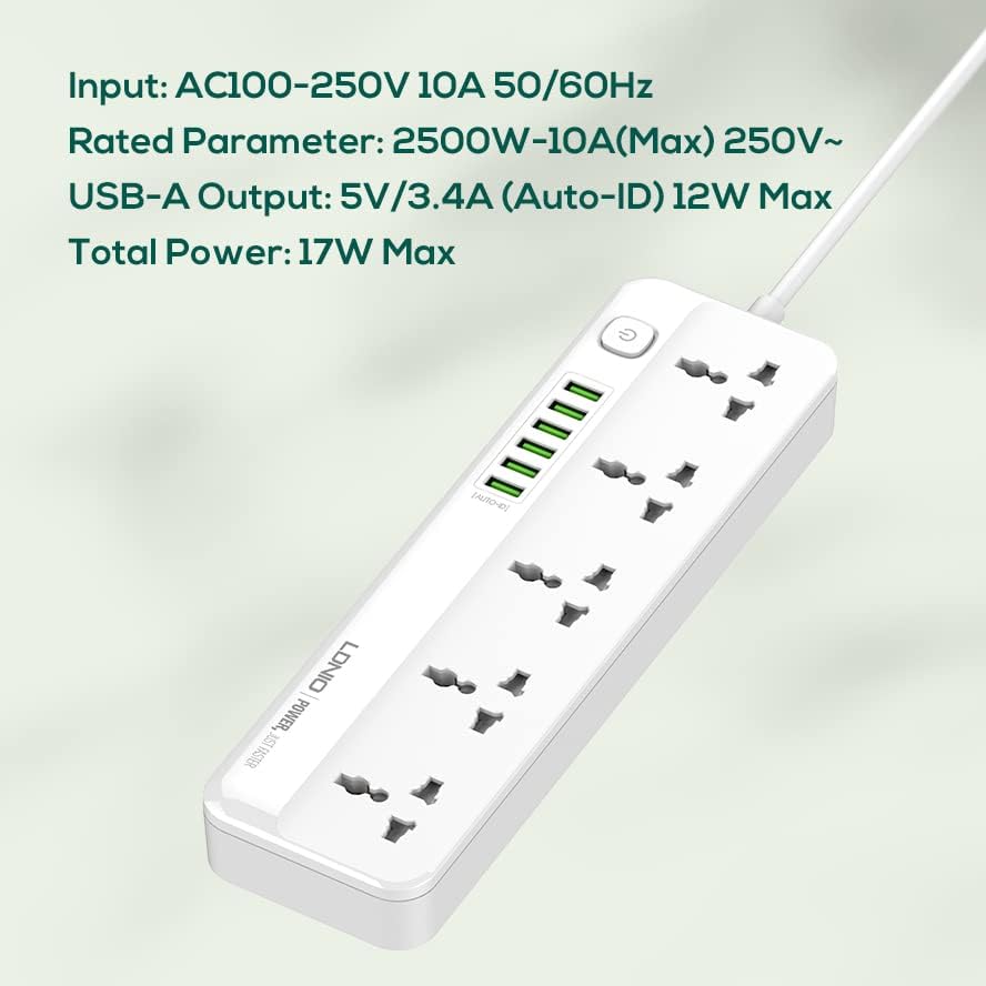 LDNIO SC5614 2500W Power Extension with 6 USB Ports & Surge Protection