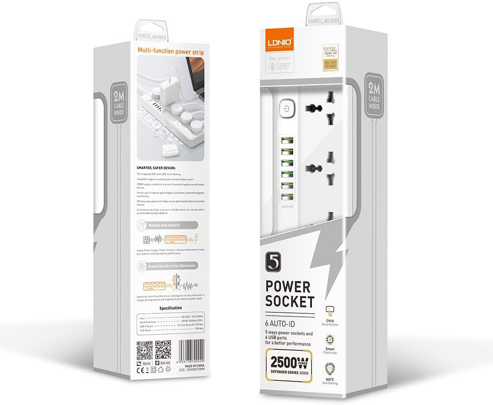 LDNIO SC5614 2500W Power Extension with 6 USB Ports & Surge Protection