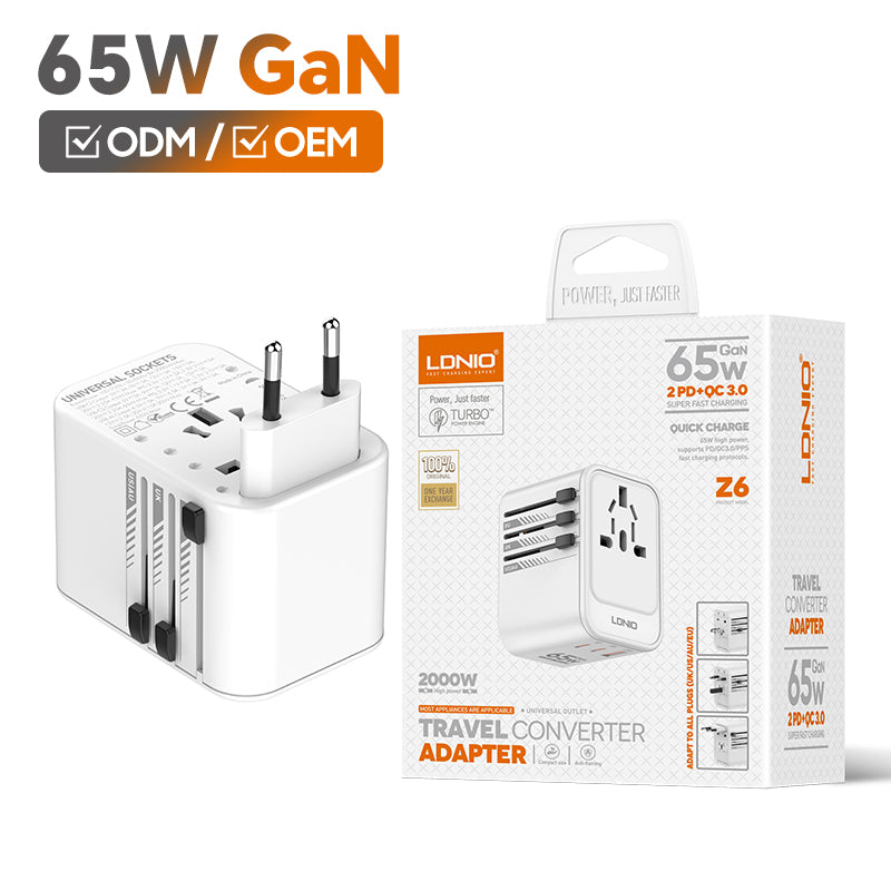 LDNIO Z6 65W GaN Universal Travel Adapter with USB-C & USB-A Ports