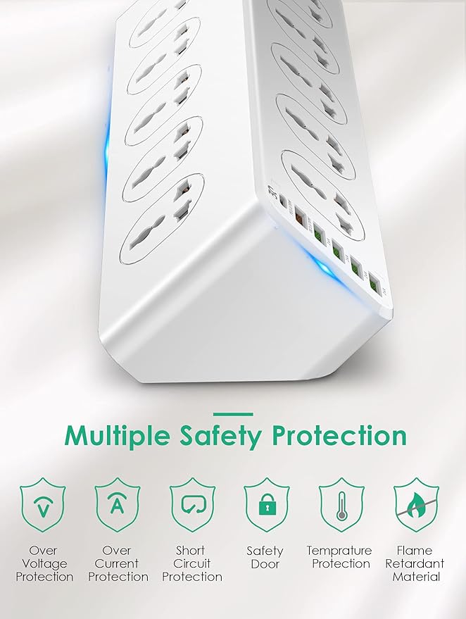 Lightwave 2M Extension Socket – 10-Way Power Strip with 6 USB Ports, Surge & Overload Protection (2500W, Universal Sockets, 3-Pin, EMI/RFI Shielding)