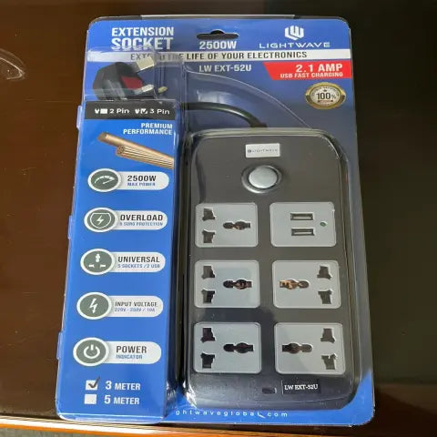 Lightwave 3M Extension Socket – 5-Way Power Strip with 2 USB Ports, Surge & Overload Protection (2500W, Universal Sockets, 3-Pin, EMI/RFI Shielding)