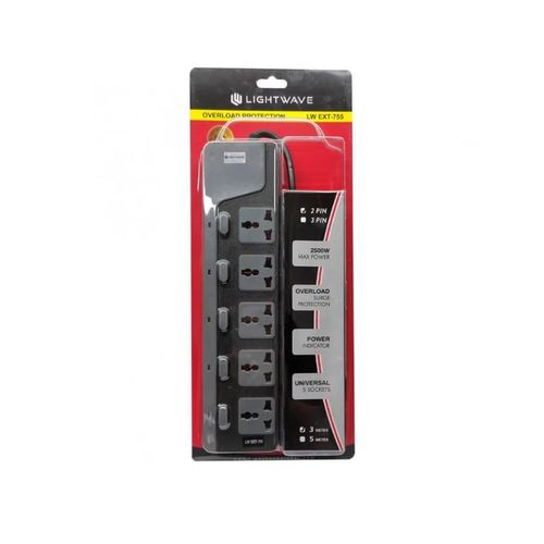 Lightwave 3M Extension Socket – 5-Way Power Strip with Surge & Overload Protection, Power Indicator (2500W, Universal Sockets)