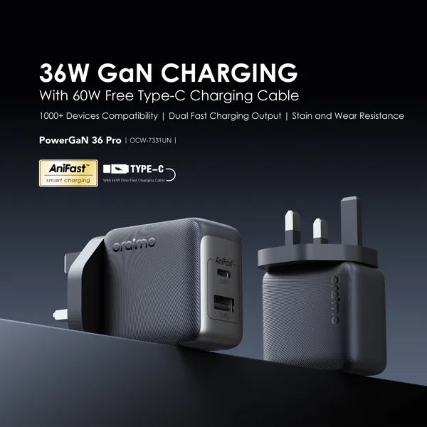 Oraimo PowerGaN 36 Pro 36W Wall Charger with USB-C & USB-A Ports