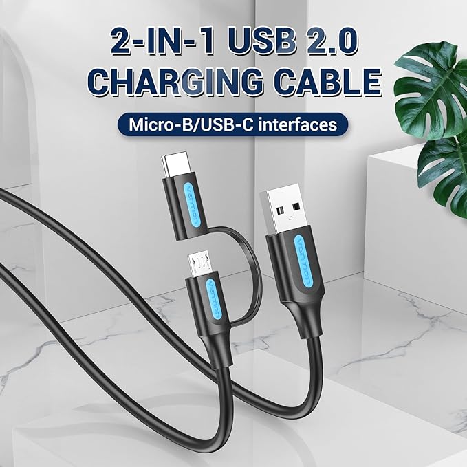 Vention 2-in-1 Magnetic USB Cable 1M – USB-A to Micro-B & USB-C Fast Charging (Gray)