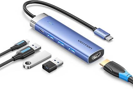 Vention 5-in-1 USB 3.0 Hub – 3× USB 3.0, RJ45, USB-C, 0.15M Blue Aluminum Alloy
