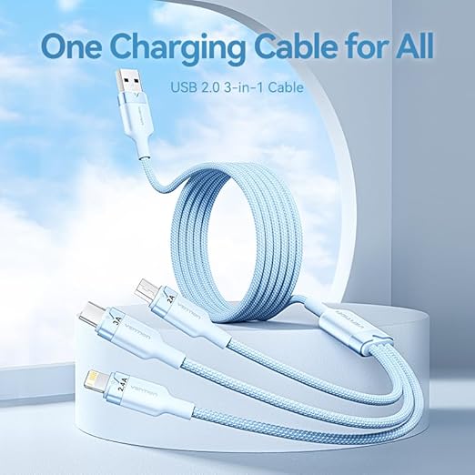 Vention USB 2.0 3-in-1 Charging Cable 1M Gray – Micro-B, USB-C & Lightning